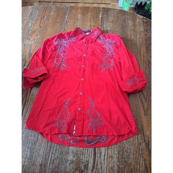 New Large Danesi Jeans Red Grey Embellished Western Hispanic Streetwear Shirt - Picture 1 of 6